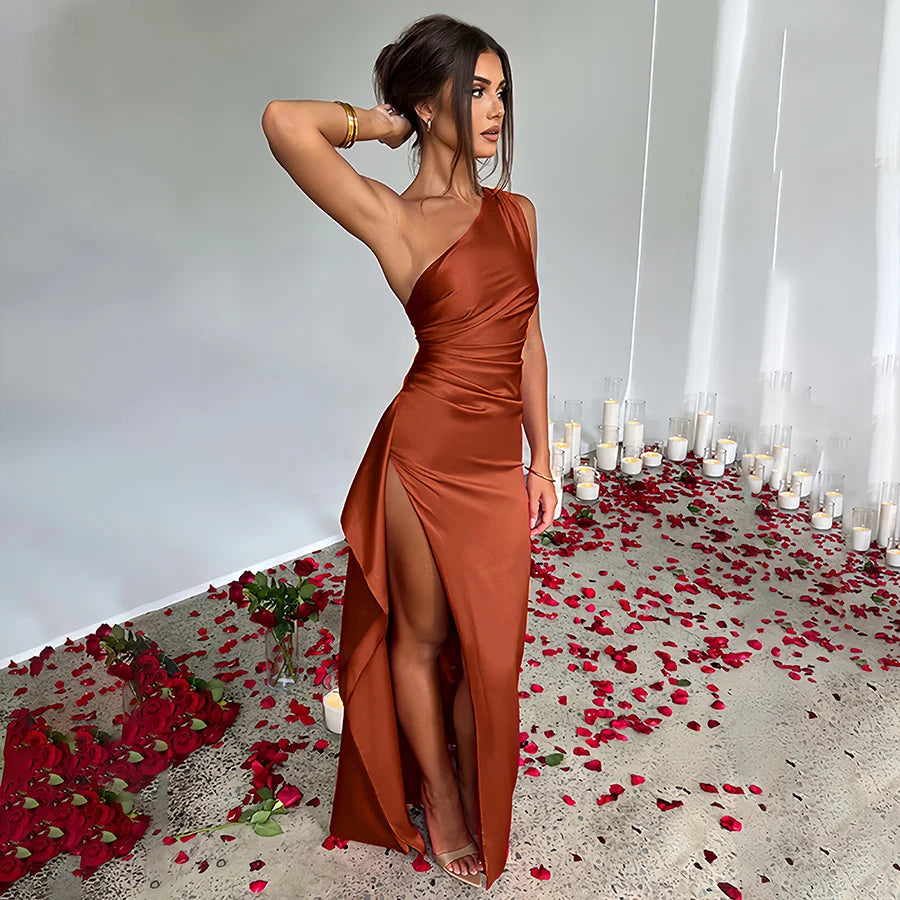 Summer New Women's Fashion Design, Asymmetrical Neckline, Single Shoulder, Elegant and Sexy, Slim Fit, Asymmetrical Shoulder Slit, Satin Dress, Evening Dress, Party Dress, Elegant and Noble