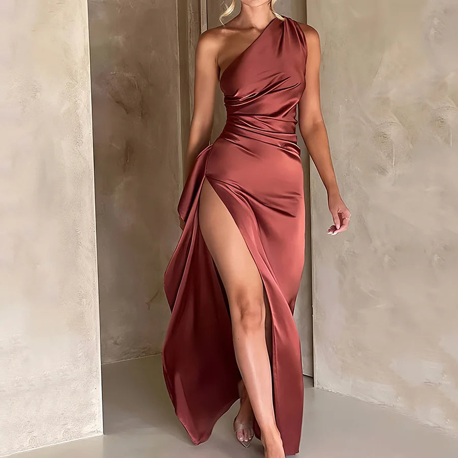 Summer New Women's Fashion Design, Asymmetrical Neckline, Single Shoulder, Elegant and Sexy, Slim Fit, Asymmetrical Shoulder Slit, Satin Dress, Evening Dress, Party Dress, Elegant and Noble