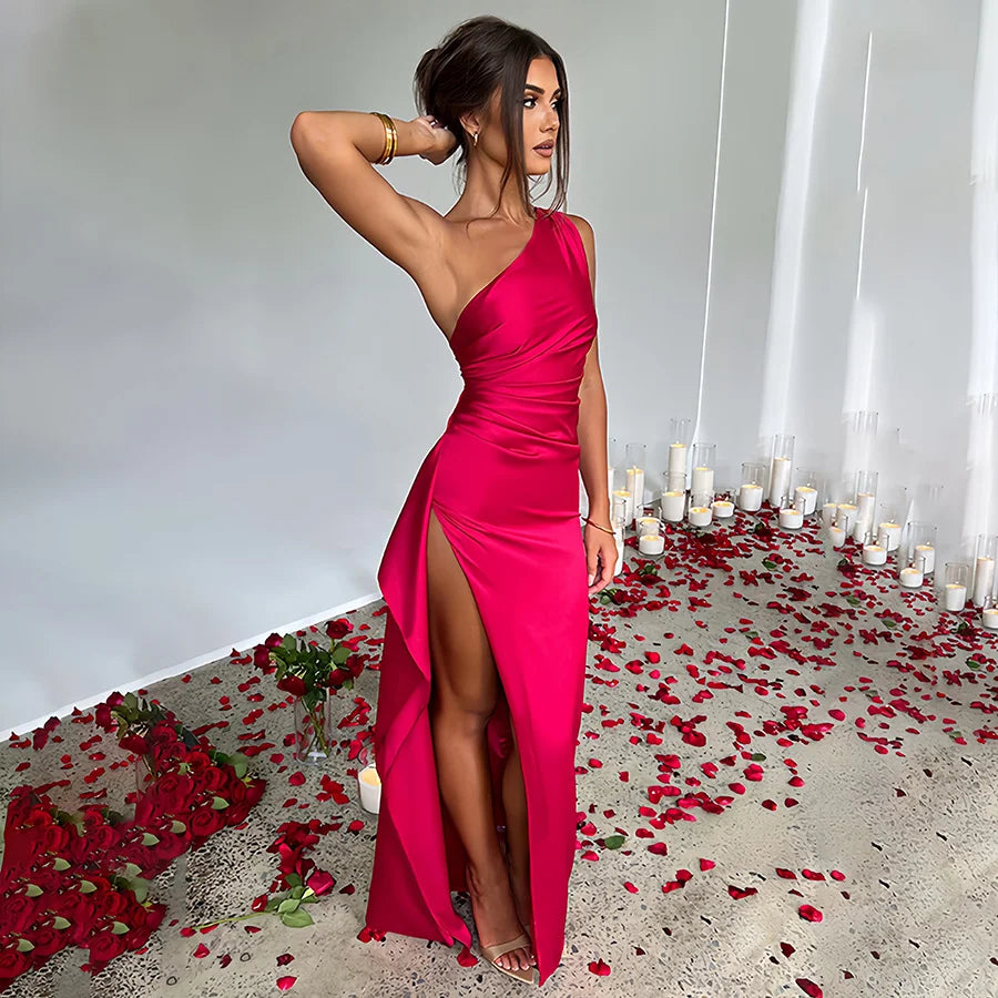 Summer New Women's Fashion Design, Asymmetrical Neckline, Single Shoulder, Elegant and Sexy, Slim Fit, Asymmetrical Shoulder Slit, Satin Dress, Evening Dress, Party Dress, Elegant and Noble