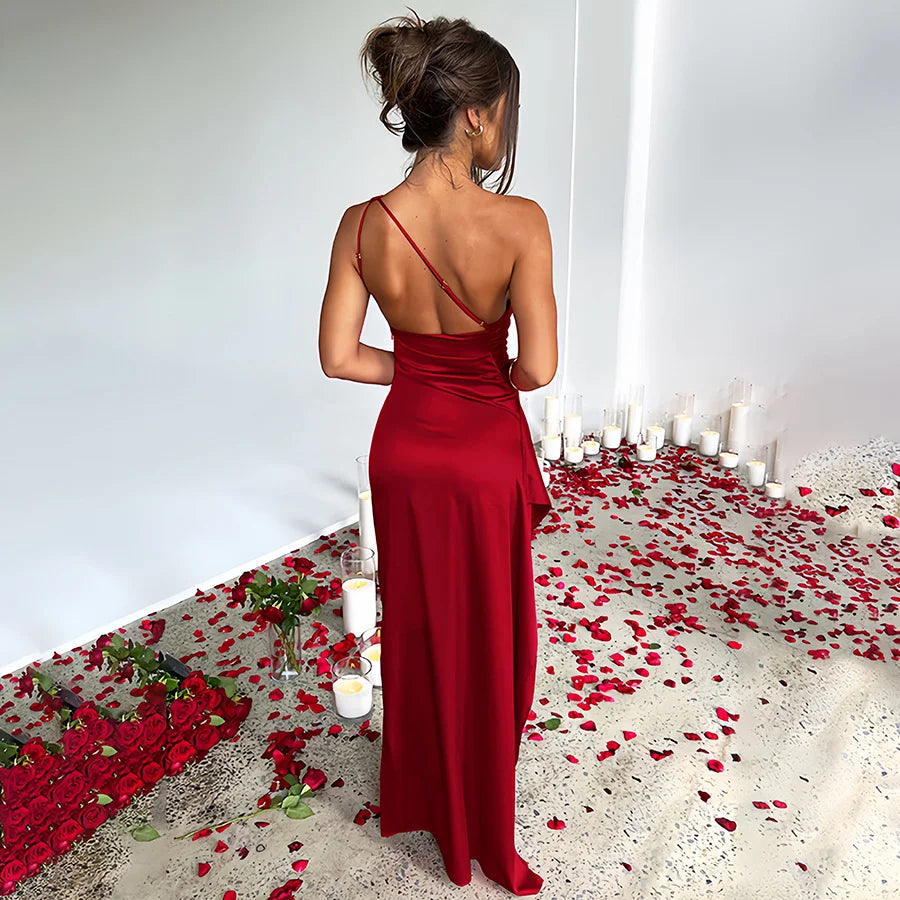 Summer New Women's Fashion Design, Asymmetrical Neckline, Single Shoulder, Elegant and Sexy, Slim Fit, Asymmetrical Shoulder Slit, Satin Dress, Evening Dress, Party Dress, Elegant and Noble